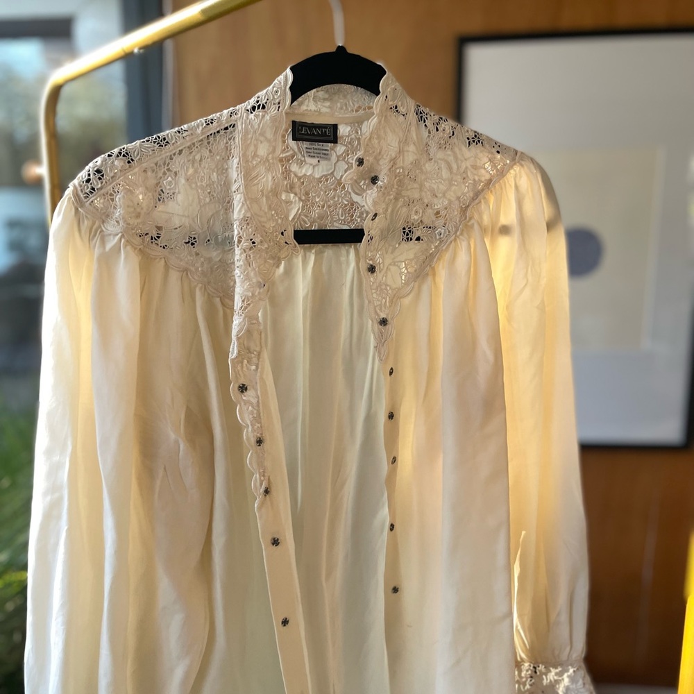 Vintage silk Levante blouse with lace detail at collar and sleeve